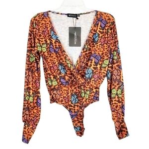 PRETTYLITTLETHING Multi Jersey Butterfly Printed Plunge Bodysuit